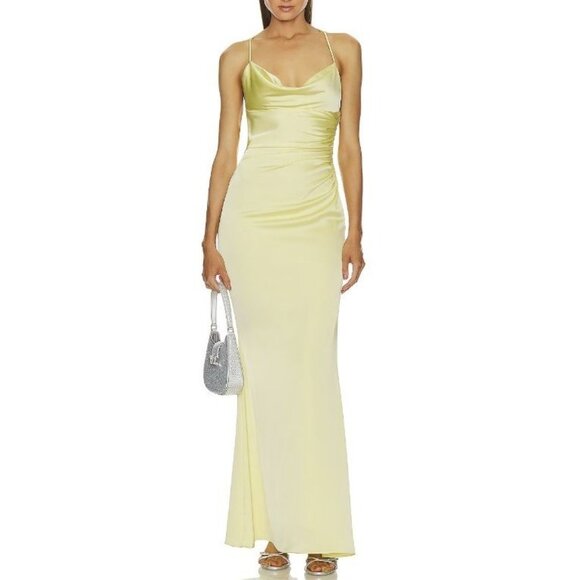 Katie May Los Angeles Ryder‎ Cowl Neck Ruched Satin Maxi Gown Light Green XS - Picture 1 of 15